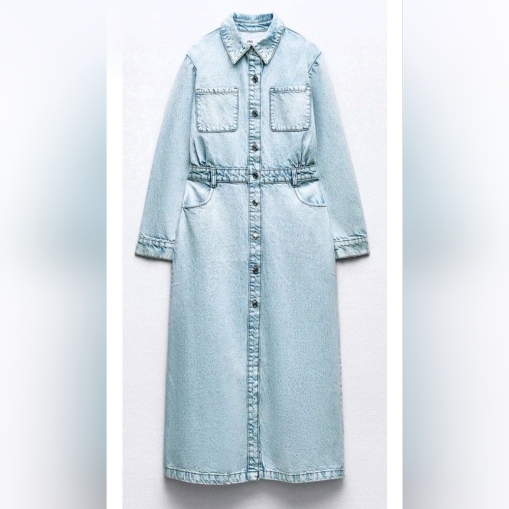 NEW Zara BUTTON DOWN LONG SLEEVE DENIM MIDI DRESS - Picture 4 of 15